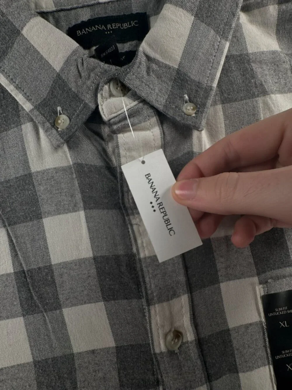 NWT Banana Republic Flannel Button Up Gray Check Men Soft $70 XL Slim Untucked